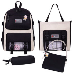 Рюкзак HEIKKI COMBO (ХЕЙКИ), сумка-шоппер, косметичка, пенал В ПОДАРОК, черно-белый, 42х30х14 см, 272564