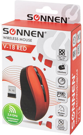 Мышь беспроводная с бесшумным кликом SONNEN V18, USB, 800/1200/1600 dpi, 4 кнопки, красная, 513516
