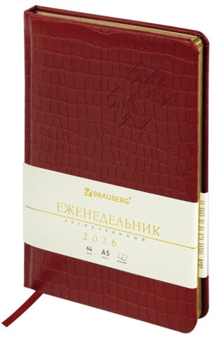Еженедельник датированный 2026 А5 145х215 мм, BRAUBERG "Comodo", под кожу, красный, 117168