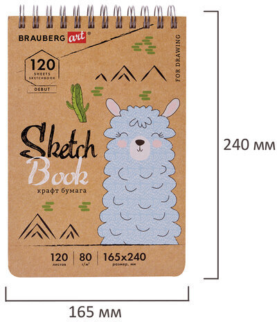 Скетчбук, крафт-бумага 80 г/м2, 165х240 мм, 120 л., гребень, твердая обложка, BRAUBERG ART DEBUT, 112999