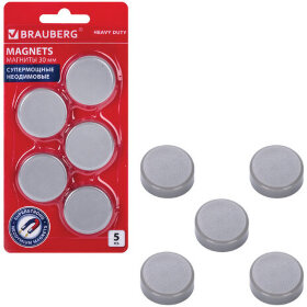 Магниты СУПЕРМОЩНЫЕ НЕОДИМОВЫЕ 30 мм, НАБОР 5 шт., серые, BRAUBERG &quot;HEAVY DUTY&quot;, 237486