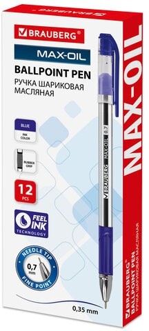 Ручка шариковая масляная с грипом BRAUBERG "Max-Oil", СИНЯЯ, игольчатый узел 0,7 мм, линия письма 0,35 мм, 141701