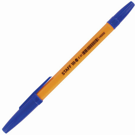 Ручка шариковая STAFF "C-51", СИНЯЯ, корпус оранжевый, узел 1 мм, линия письма 0,5 мм, 143332