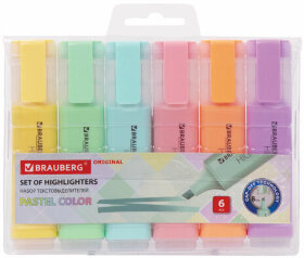 Набор текстовыделителей 6 ЦВЕТОВ, BRAUBERG &quot;ORIGINAL PASTEL&quot;, линия письма 1-5 мм, 151698