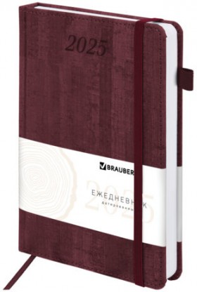 Ежедневник датированный 2025, А5, 138x213 мм, BRAUBERG &quot;Wood&quot;, под кожу, держатель для ручки, резинка-фиксатор, бордовый, 115831