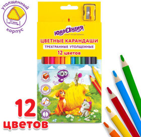 Карандаши цветные утолщенные ЮНЛАНДИЯ "СКАЗОЧНЫЙ МИР", 12 цветов, трехгранные, с ТОЧИЛКОЙ, 181370