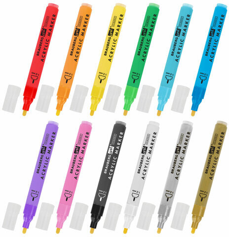 Маркеры акриловые для рисования и хобби, 12 ярких цветов, линия 1-2 мм, BRAUBERG ART CLASSIC,152523