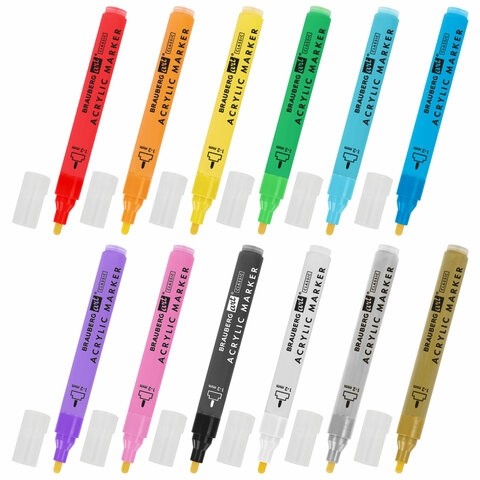 Маркеры акриловые для рисования и хобби, 12 ярких цветов, линия 1-2 мм, BRAUBERG ART CLASSIC,152523