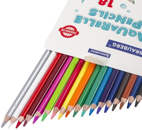 Карандаши цветные акварельные BRAUBERG PREMIUM AQUARELLE, 18 цветов, грифель мягкий 4 мм, 181672