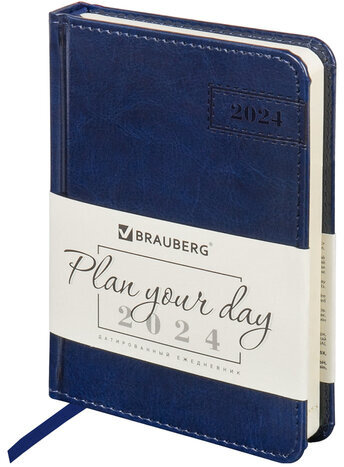 Ежедневник датированный 2024 МАЛЫЙ ФОРМАТ А6 100х150 мм, BRAUBERG "Imperial", под кожу, синий, 114787