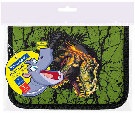 Пенал BRAUBERG, 1 отделение, 1 откидная планка, полиэстер, 21х14 см, "Dino attack", 272324