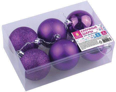 Шары ёлочные 6 шт., 6 см, "Trio", пластик, ФИОЛЕТОВЫЕ (глянец, матовый, глиттер), ЗОЛОТАЯ СКАЗКА, 590869