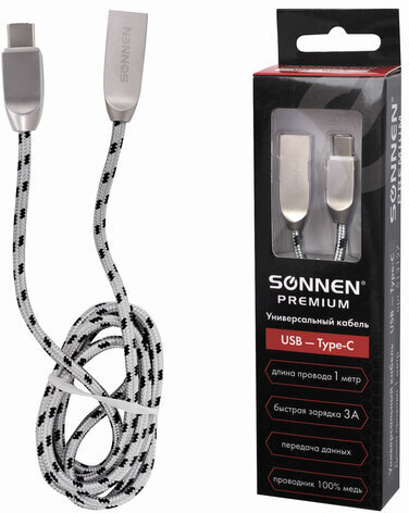 Кабель USB 2.0-Type-C, 1 м, SONNEN Premium, медь, передача данных и быстрая зарядка, 513127