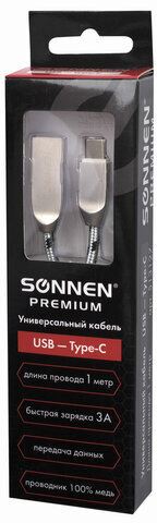 Кабель USB 2.0-Type-C, 1 м, SONNEN Premium, медь, передача данных и быстрая зарядка, 513127