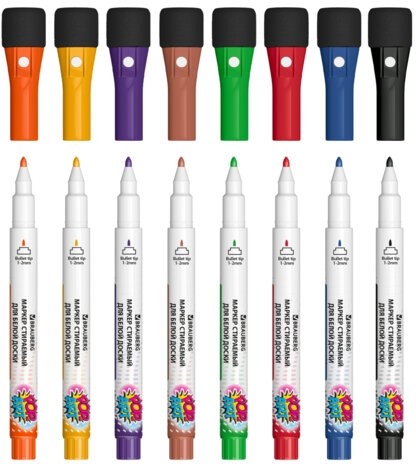 Маркеры на магните со стирателем для белой доски и планера, 8 ЦВЕТОВ, BRAUBERG POP-ART, 1-2 мм, 152567