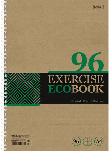 Тетрадь А4 96 л., HATBER, гребень, клетка, обложка крафт, подложка, "Экобук" (4 вида в спайке), 96Т4В1гр