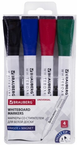 Маркеры стираемые на магните со стирателем для белой доски, 4 ЦВЕТА, BRAUBERG "UNIVERSAL", 3 мм, 152491