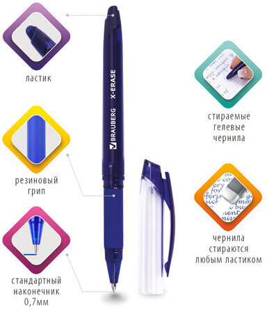 Ручка стираемая гелевая с грипом BRAUBERG "X-ERASE", СИНЯЯ, корпус синий, узел 0,7 мм, линия письма 0,35 мм, 143333