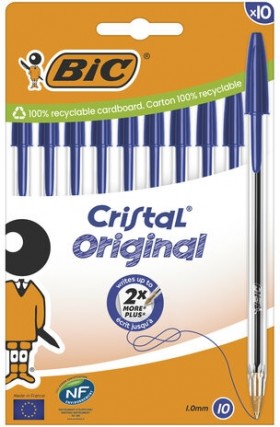 Ручки шариковые BIC "Cristal Original", НАБОР 10 шт., СИНИЕ, узел 1 мм, линия письма 0,32 мм, пакет, 830863