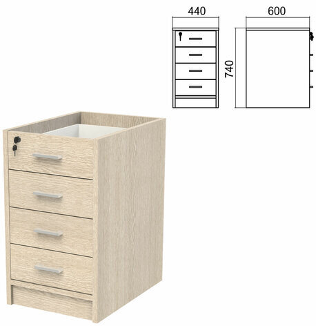 Тумба (каркас БЕЗ КРЫШКИ) приставная "Арго", 440х600х740 мм, 4 ящика, замок, ясень шимо