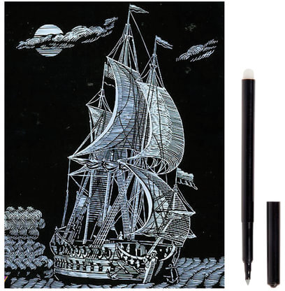 Гравюра с эффектом серебра "Парусник", 18х24 см, основа, штихель, LORI, Гр-057