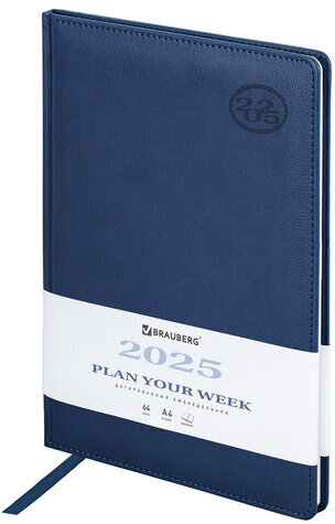 Еженедельник датированный 2025, БОЛЬШОЙ ФОРМАТ, 210х297 мм, А4, BRAUBERG "Favorite", под кожу, синий, 115941