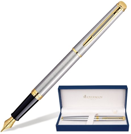 Ручка подарочная перьевая WATERMAN "Hemisphere Stainless Steel GT", серебристый корпус, позолоченные детали, синяя, S0920310