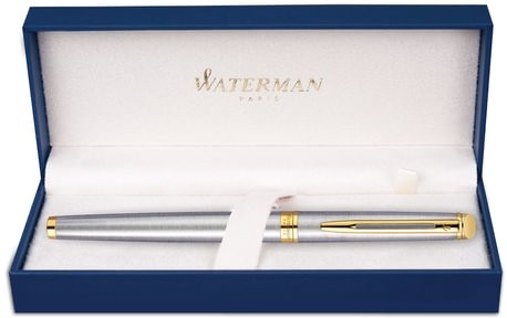 Ручка подарочная перьевая WATERMAN "Hemisphere Stainless Steel GT", серебристый корпус, позолоченные детали, синяя, S0920310