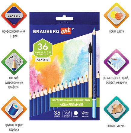 Карандаши художественные цветные акварельные BRAUBERG ART CLASSIC, 36 цветов, грифель 3,3 мм, 181531