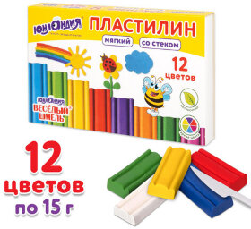 Пластилин мягкий ЮНЛАНДИЯ &quot;ВЕСЕЛЫЙ ШМЕЛЬ&quot;, 12 цветов, 180 г, СО СТЕКОМ, 106672