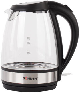 Чайник SONNEN KT-201, 1,7 л, 2200 Вт, закрытый нагревательный элемент, стекло, подсветка, черный, 451712