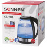 Чайник SONNEN KT-201, 1,7 л, 2200 Вт, закрытый нагревательный элемент, стекло, подсветка, черный, 451712