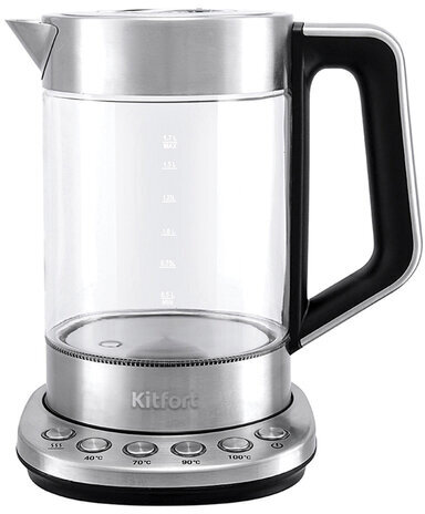 Чайник KITFORT КТ-622, 1,7 л, 2200 Вт, закрытый нагревательный элемент, ТЕРМОРЕГУЛЯТОР, заварник, стекло, серебро