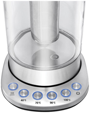 Чайник KITFORT КТ-622, 1,7 л, 2200 Вт, закрытый нагревательный элемент, ТЕРМОРЕГУЛЯТОР, заварник, стекло, серебро