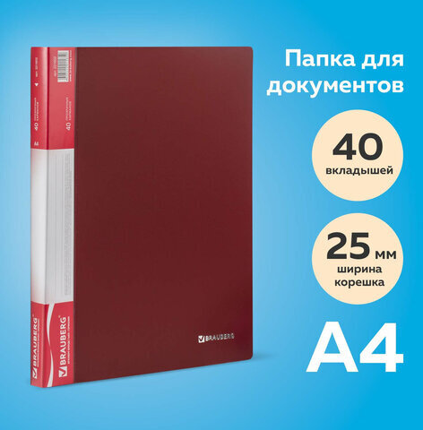 Папка 40 вкладышей BRAUBERG стандарт, красная, 0,7 мм, 221602