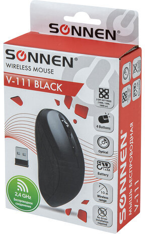 Мышь беспроводная SONNEN V-111, USB, 800/1200/1600 dpi, 4 кнопки, оптическая, черная, 513518