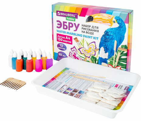 ЭБРУ набор для рисования на воде 12 цветов по 20 мл (120 картин), лоток А4, BRAUBERG HOBBY, 665356