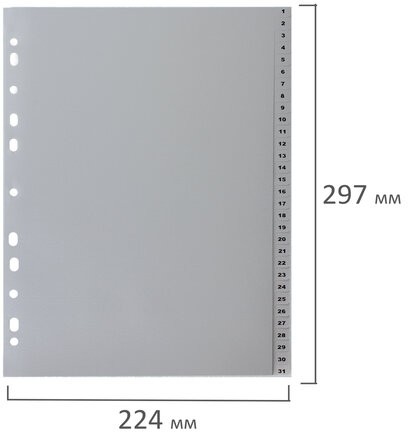 Разделитель пластиковый BRAUBERG, А4, 31 лист, цифровой 1-31, оглавление, серый, РОССИЯ, 225598