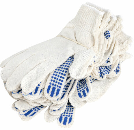 Перчатки хлопчатобумажные эконом, КОМПЛЕКТ 100 пар, 10 класс, 26-28 г, 83 текс, С ПВХ, LAIMA ЭКОНОМ, БЕЛЫЕ, 608680