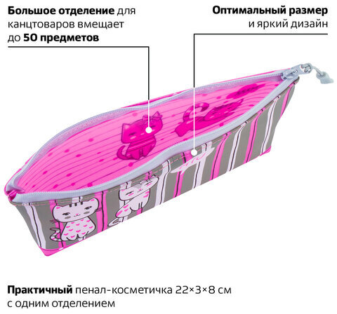 Пенал-косметичка BRAUBERG треугольный, мягкий, "Kittens", 22х3х8 см, 229255