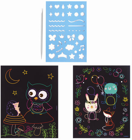 Гравюра магическая "Сова и ее друзья", А5, 2 основы в комплекте, с трафаретом, ЮНЛАНДИЯ, 662689