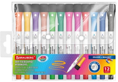 Маркеры на магните со стирателем для белой доски и планера, 12 ЦВЕТОВ, BRAUBERG POP-ART, 1-2 мм, 152568