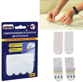 Полоски самоклеящиеся двухсторонние, комплект 4 шт., бесследное удаление, UNIBOB, белые, блистер, 49003