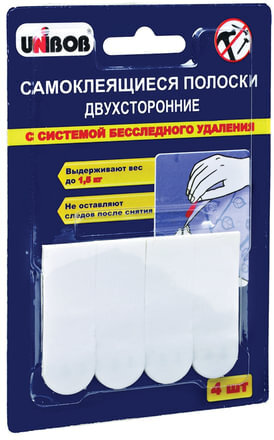 Полоски самоклеящиеся двухсторонние, комплект 4 шт., бесследное удаление, UNIBOB, белые, блистер, 49003