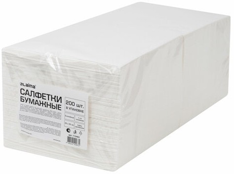 Салфетки бумажные 2-х слойные, 33x33 см, 200 штук в упаковке, 1/4 сложения, LAIMA, белые, 115402