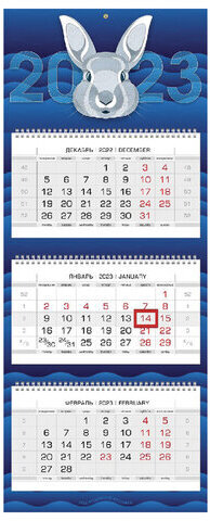 Календарь квартальный с бегунком 2023 г., 3 блока, 3 гребня, ЛЮКС 3D, "Год Кролика", HATBER, 3Кв3гр2ц_28062