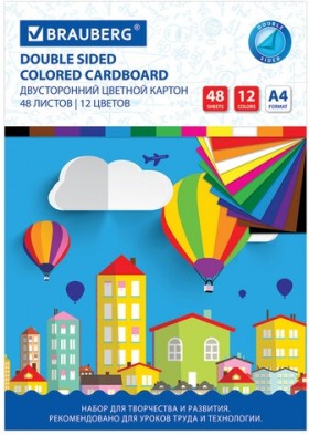Картон цветной А4 ТОНИРОВАННЫЙ В МАССЕ, 48 листов 12 цветов, склейка, 180 г/м2, BRAUBERG, 210х297 мм, 124744