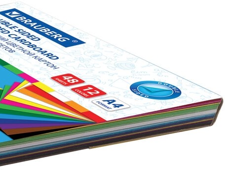 Картон цветной А4 ТОНИРОВАННЫЙ В МАССЕ, 48 листов 12 цветов, склейка, 180 г/м2, BRAUBERG, 210х297 мм, 124744