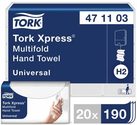 Полотенца бумажные (1 пачка 190 листов) TORK (H2) Universal, 2-слойные, цвет натуральный.,23,4х21,3, Z-сложение, 471103