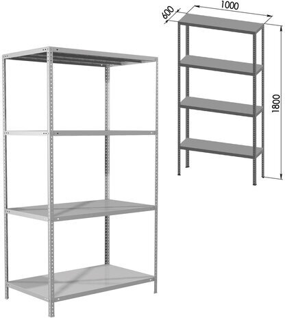 Стеллаж металлический BRABIX "MS KD-180/60-4", 1800х1000х600 мм), 4 полки, компактная упаковка, 291117, S240BR146402